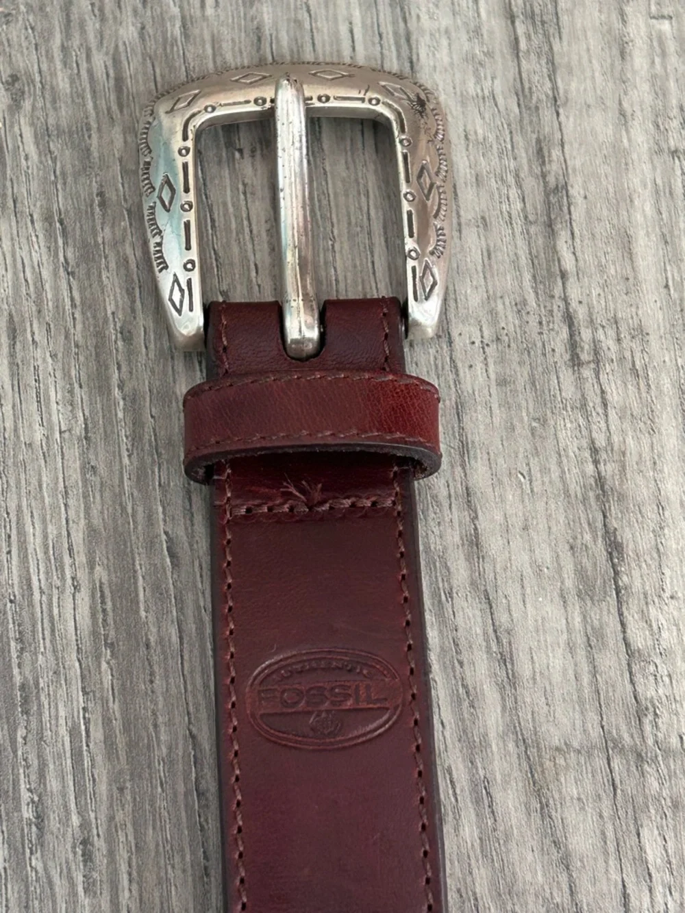 Fossil Brown Leather Belt Etched Silver Buckle & Accents